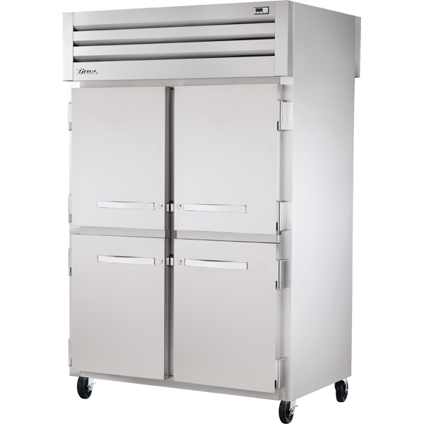 True STR2RPT-4HS-2G-HC 53" Two Section Solid Half Door Pass Through Refrigerator with Full Glass Back Doors