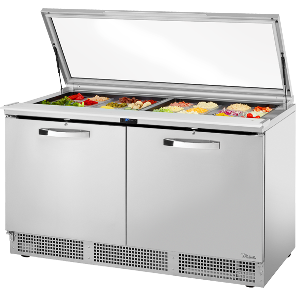 True TFP-64-24M-FGLID~SPEC3 64" Refrigerated Sandwich / Salad Prep Table with Flat Glass Lid and Two Locking Doors