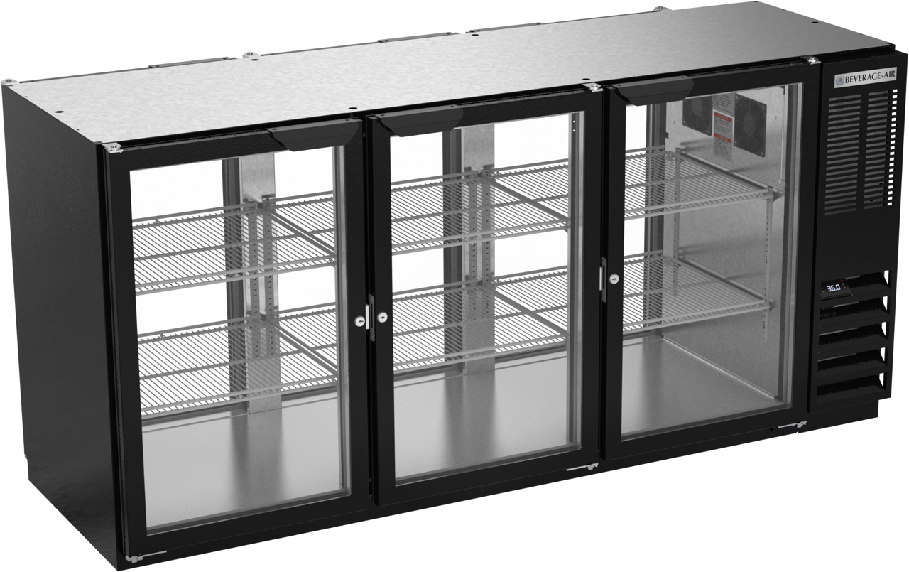 Beverage-Air BB72HC-1-F-G-PT-B 72" Three Section Food Rated Glass Door Pass-Through Back Bar Cooler