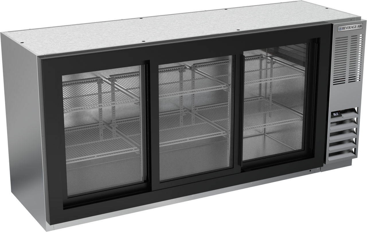 Beverage-Air BB72HC-1-F-GS-S 72" Stainless Steel Three Section Food Rated Glass Door Back Bar Cooler