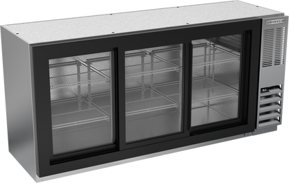 Beverage-Air BB72HC-1-F-GS-S 72" Stainless Steel Three Section Food Rated Glass Door Back Bar Cooler