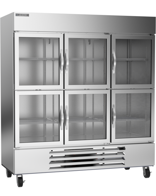 Beverage-Air HBF72HC-5-HG 75" Horizon Series Three Section Glass Half Door Reach-In Freezer