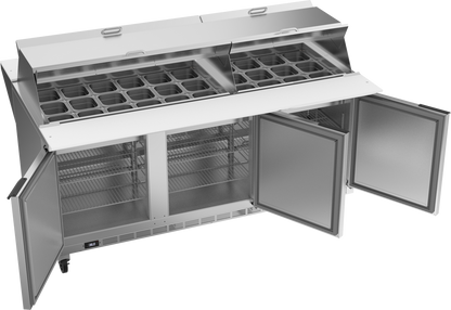 Beverage-Air SPE72HC-30M-DS 72" Three Door 2-Sided Mega Top Refrigerated Sandwich / Salad Prep Table