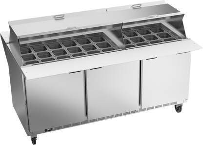 Beverage-Air SPE72HC-30M-DS 72" Three Door 2-Sided Mega Top Refrigerated Sandwich / Salad Prep Table