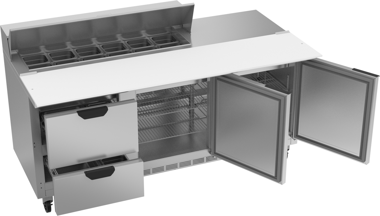 Beverage-Air SPED72HC-12C-2 72" Cutting Top Refrigerated Sandwich / Salad Prep Table with 2 Left Drawers and 2 Doors