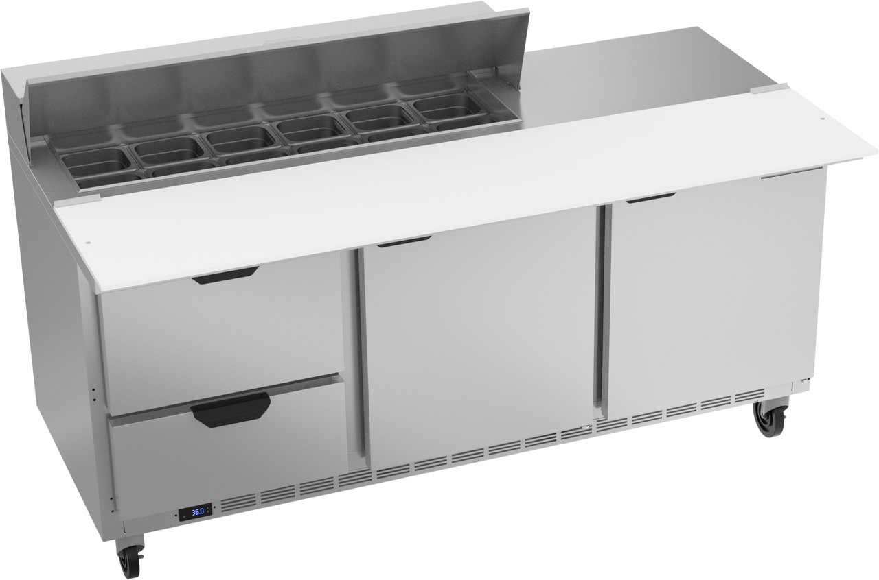 Beverage-Air SPED72HC-12C-2 72" Cutting Top Refrigerated Sandwich / Salad Prep Table with 2 Left Drawers and 2 Doors