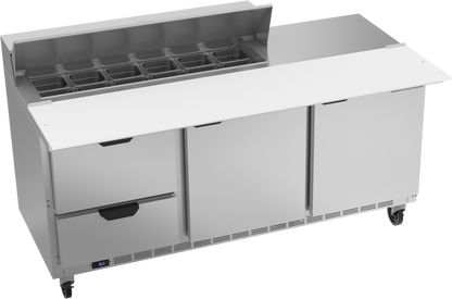 Beverage-Air SPED72HC-12C-2 72" Cutting Top Refrigerated Sandwich / Salad Prep Table with 2 Left Drawers and 2 Doors